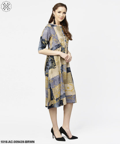 Brown & Blue Printed Half Sleeve Cotton A-Line Dress