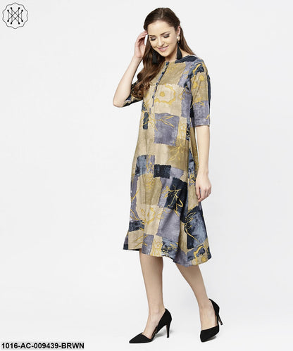 Brown & Blue Printed Half Sleeve Cotton A-Line Dress