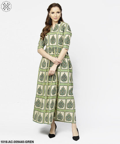 Green Printed Half Sleeve Cotton Maxi Dress