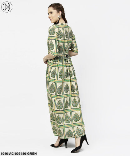 Green Printed Half Sleeve Cotton Maxi Dress