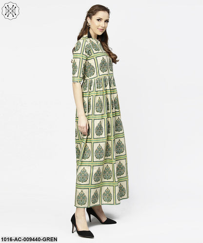 Green Printed Half Sleeve Cotton Maxi Dress