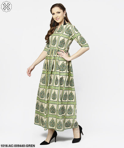 Green Printed Half Sleeve Cotton Maxi Dress