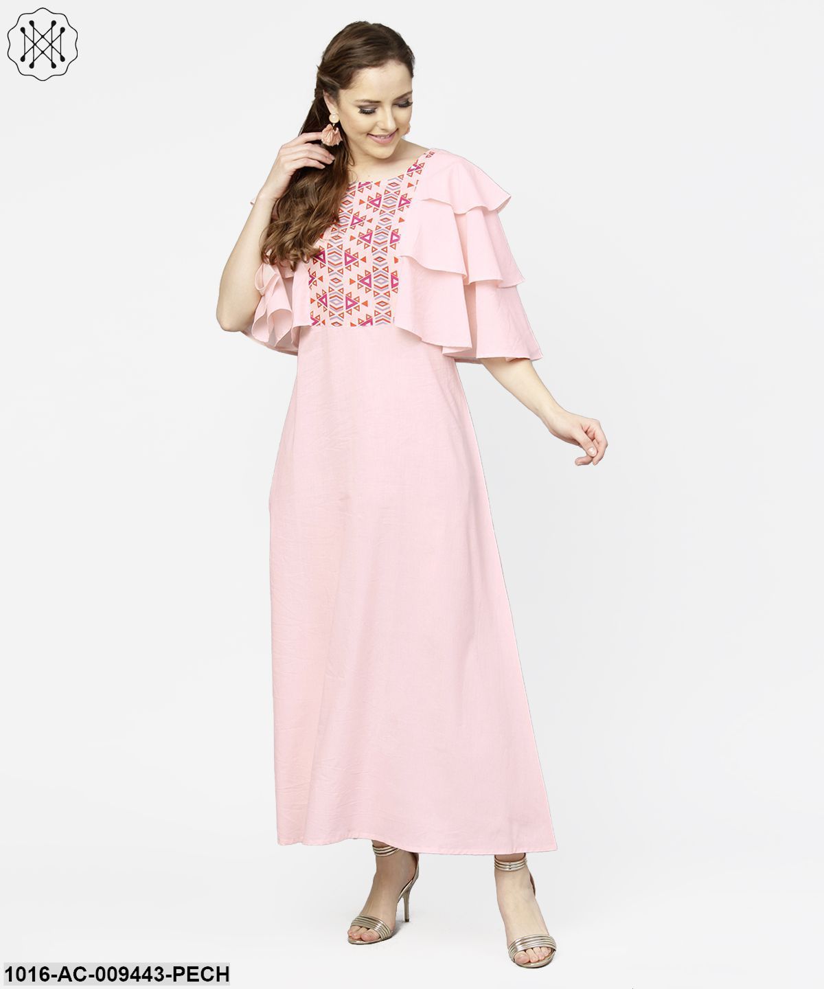 Peach Yoke Printed Flared Sleeve Cotton Maxi Dress