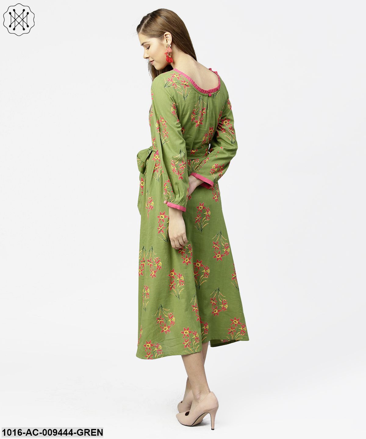 Green Printed 3/4Th Sleeve Cotton Maxi Dress With Belt