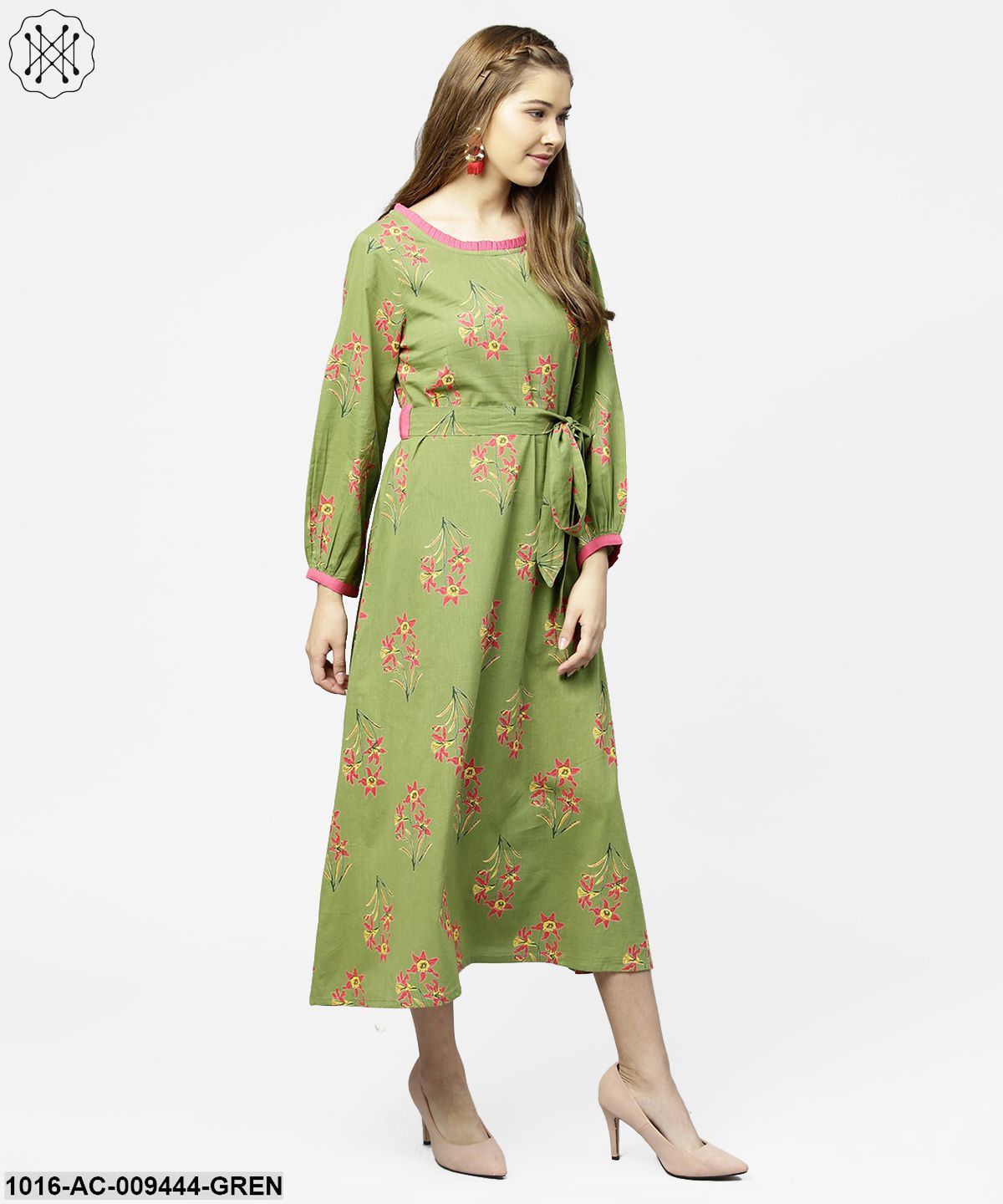 Green Printed 3/4Th Sleeve Cotton Maxi Dress With Belt