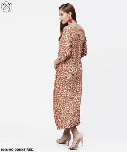 Red & Grey Priinted 3/4Th Sleeve Cotton A-Line Dress