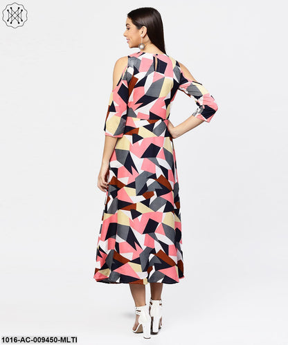 Multi Printed 3/4Th Cold Shoulder Sleeve A-Line Maxi Dress