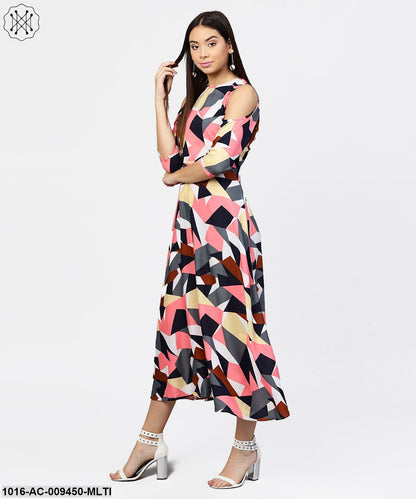 Multi Printed 3/4Th Cold Shoulder Sleeve A-Line Maxi Dress