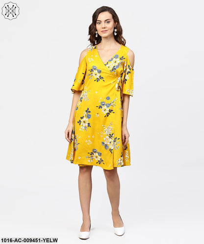Printed Assymetrical A-Line Knotted Belt Style Dress With 3/4Th Cold-Shoulder Sleeve