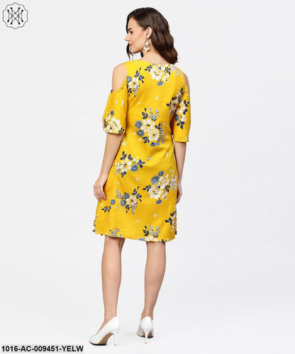 Printed Assymetrical A-Line Knotted Belt Style Dress With 3/4Th Cold-Shoulder Sleeve