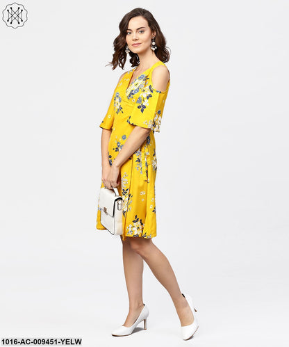Printed Assymetrical A-Line Knotted Belt Style Dress With 3/4Th Cold-Shoulder Sleeve