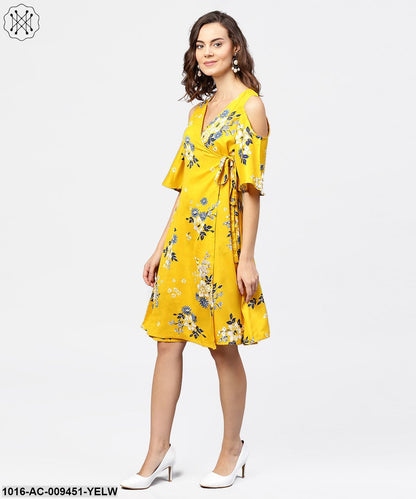 Printed Assymetrical A-Line Knotted Belt Style Dress With 3/4Th Cold-Shoulder Sleeve