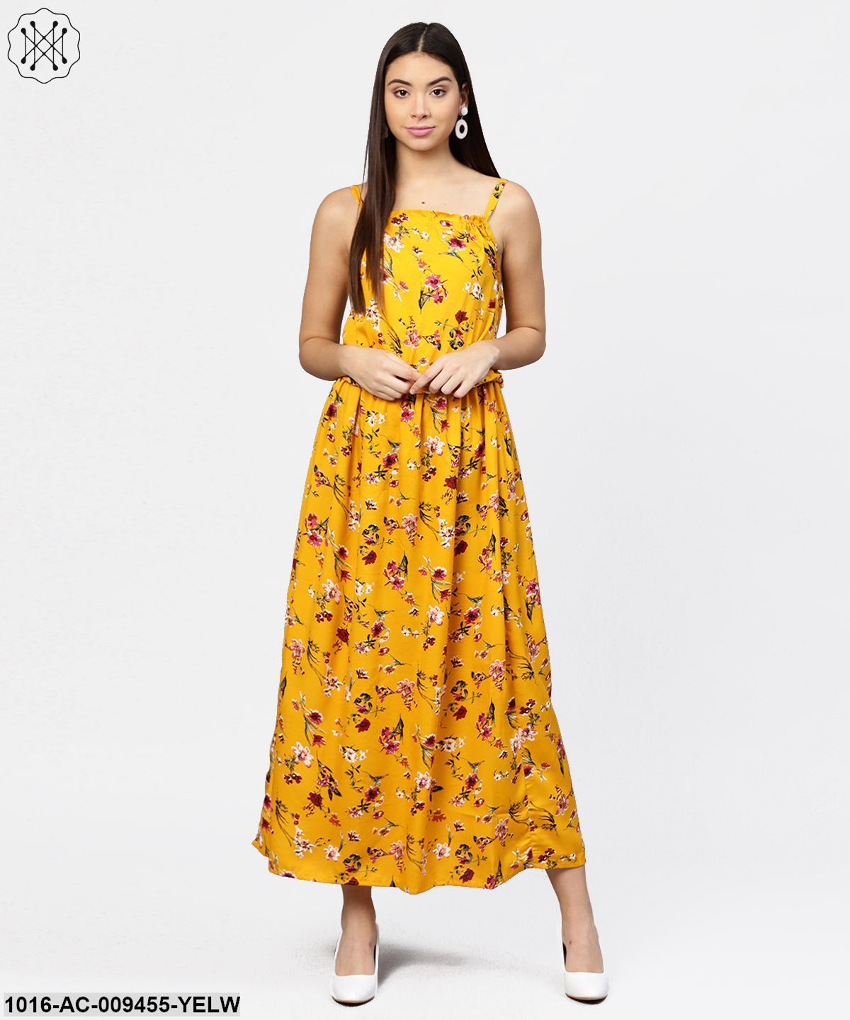 Yellow Printed Shoulder Strapped With A Gather Neckline Maxi Dress