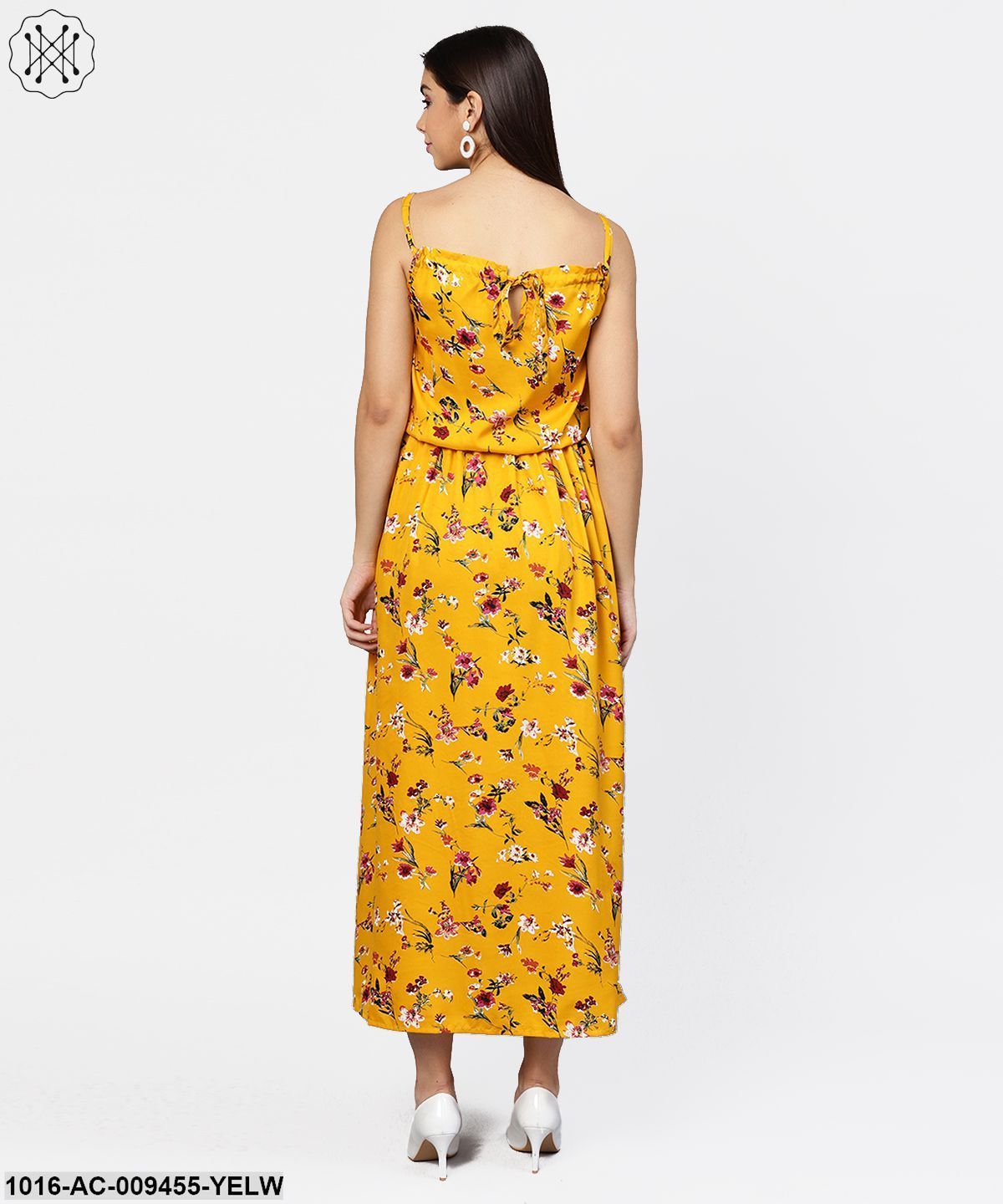 Yellow Printed Shoulder Strapped With A Gather Neckline Maxi Dress