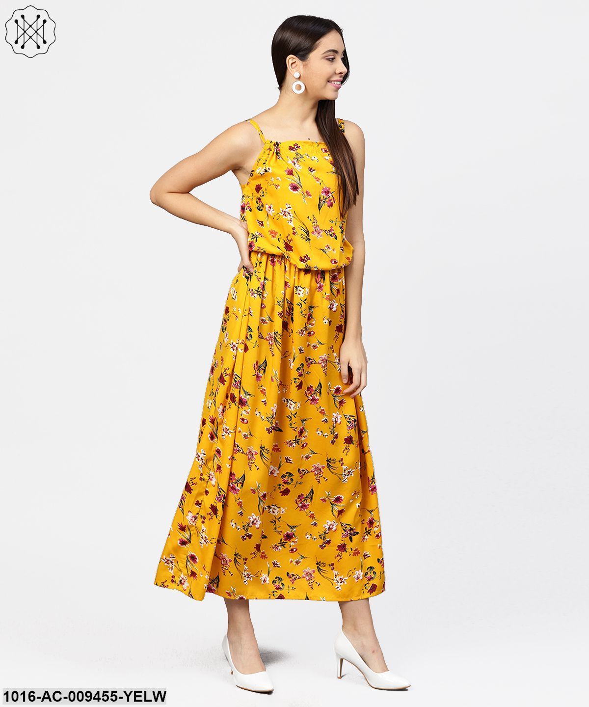 Yellow Printed Shoulder Strapped With A Gather Neckline Maxi Dress