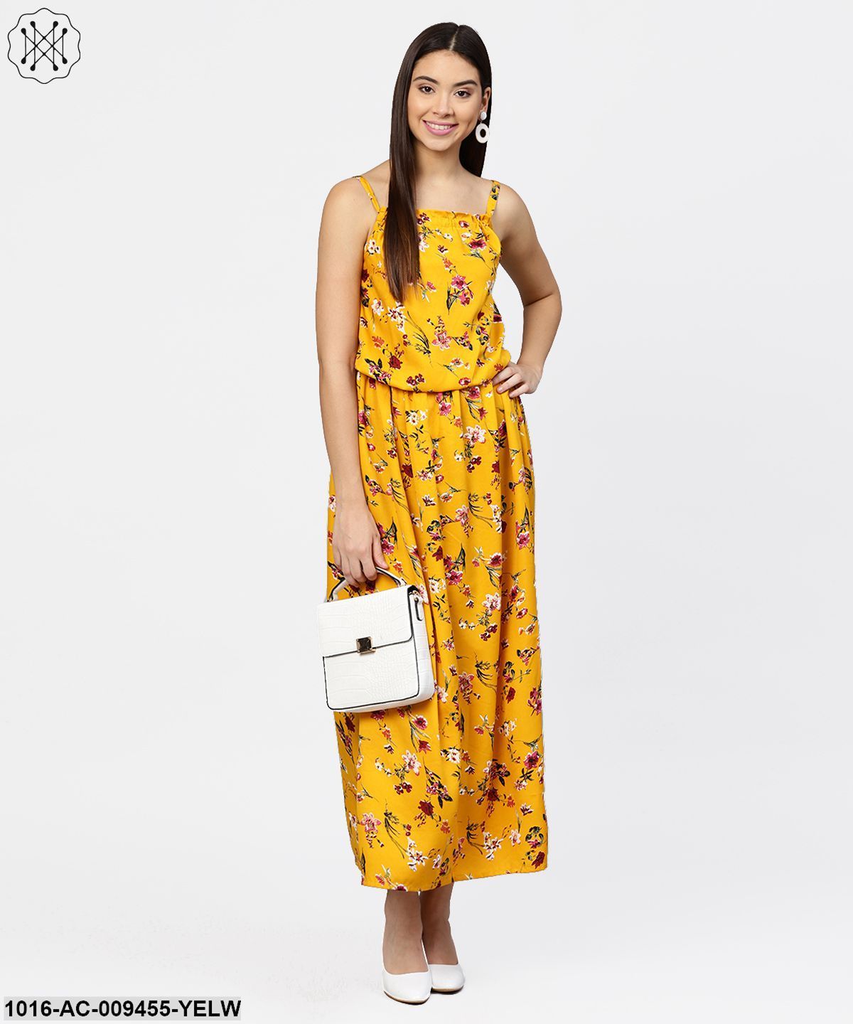 Yellow Printed Shoulder Strapped With A Gather Neckline Maxi Dress
