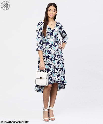 Blue Floral Printed 3/4Th Sleeve Midi A-Line Dress