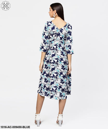 Blue Floral Printed 3/4Th Sleeve Midi A-Line Dress