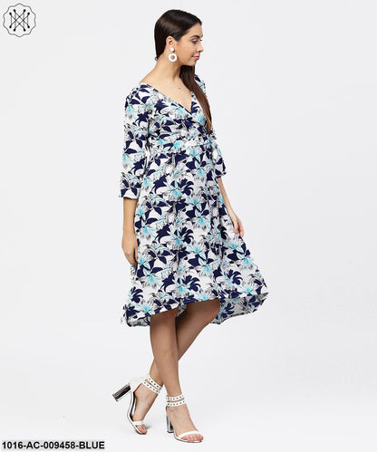 Blue Floral Printed 3/4Th Sleeve Midi A-Line Dress
