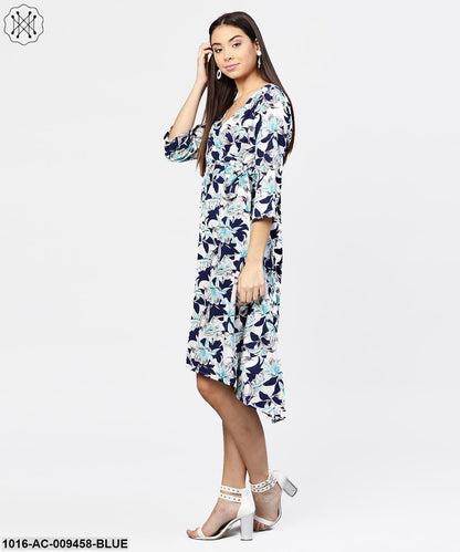 Blue Floral Printed 3/4Th Sleeve Midi A-Line Dress