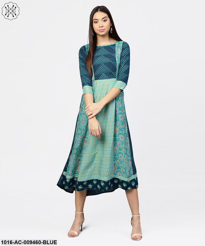 Multi Printed Round Neck Gathered Panels With 3/4Th Sleeves Maxi Dress