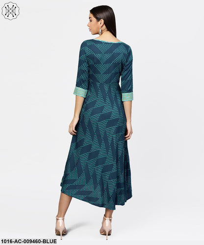 Multi Printed Round Neck Gathered Panels With 3/4Th Sleeves Maxi Dress