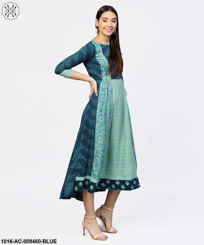 Multi Printed Round Neck Gathered Panels With 3/4Th Sleeves Maxi Dress