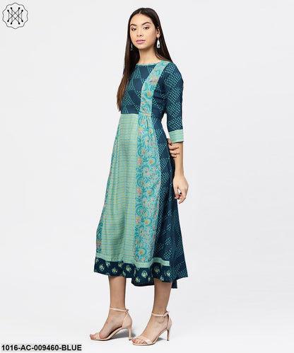 Multi Printed Round Neck Gathered Panels With 3/4Th Sleeves Maxi Dress
