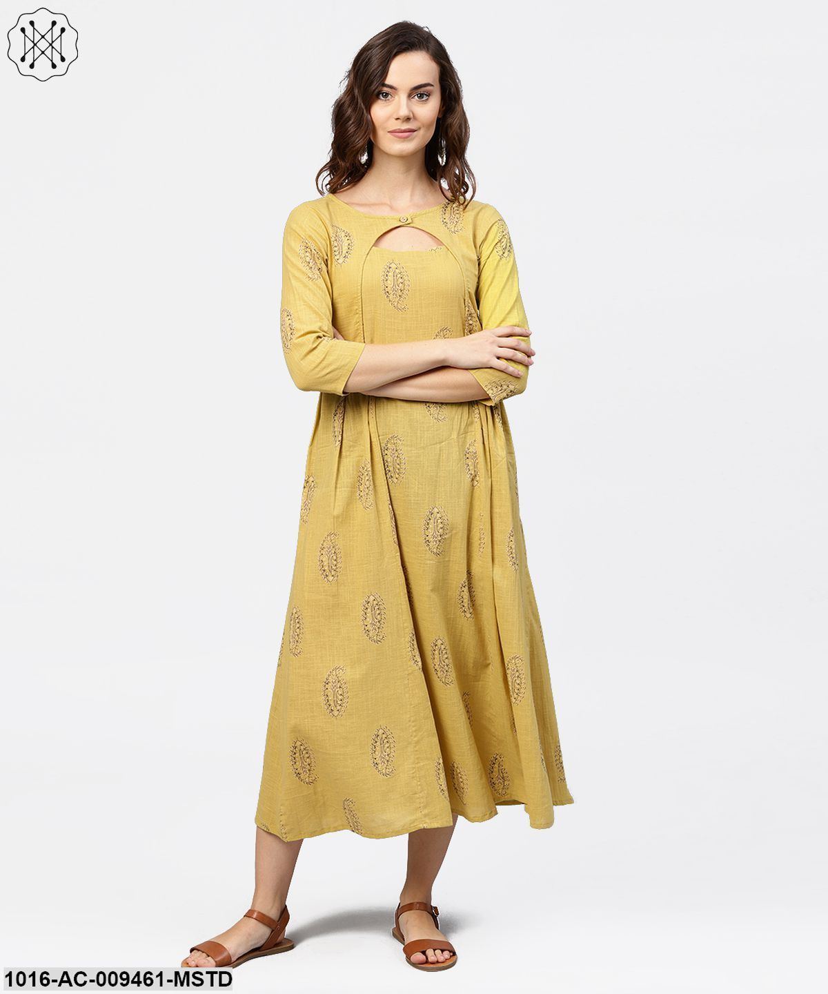 Mustard Printed Round Neck With Loop And Button In Front, Pleated With 3/4Th Sleeves Dress