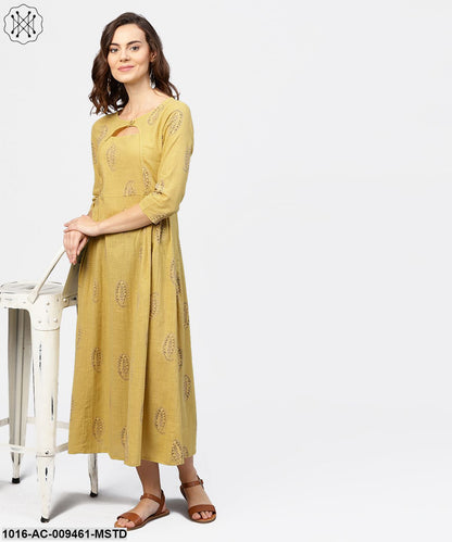 Mustard Printed Round Neck With Loop And Button In Front, Pleated With 3/4Th Sleeves Dress