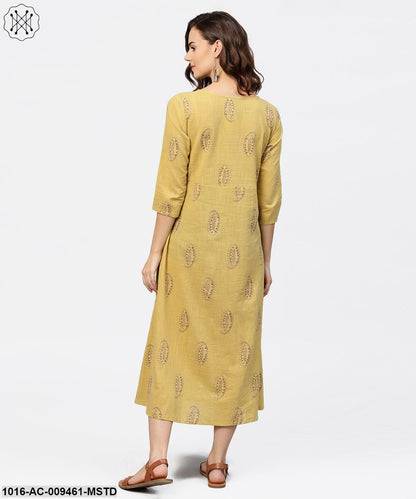 Mustard Printed Round Neck With Loop And Button In Front, Pleated With 3/4Th Sleeves Dress