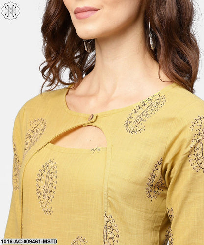 Mustard Printed Round Neck With Loop And Button In Front, Pleated With 3/4Th Sleeves Dress