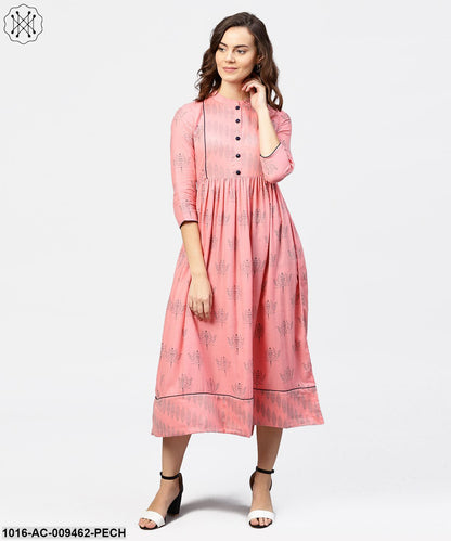 Peach Printed Chinese Collared Front Open Placket Till Yoke With 3/4Th Sleeves Maxi Dress