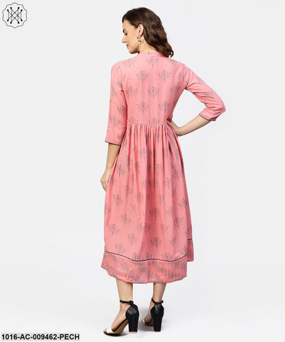 Peach Printed Chinese Collared Front Open Placket Till Yoke With 3/4Th Sleeves Maxi Dress