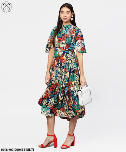Floral Printed Chinese Collared With Attached Belt And 3/4Th Sleeves Maxi Dress