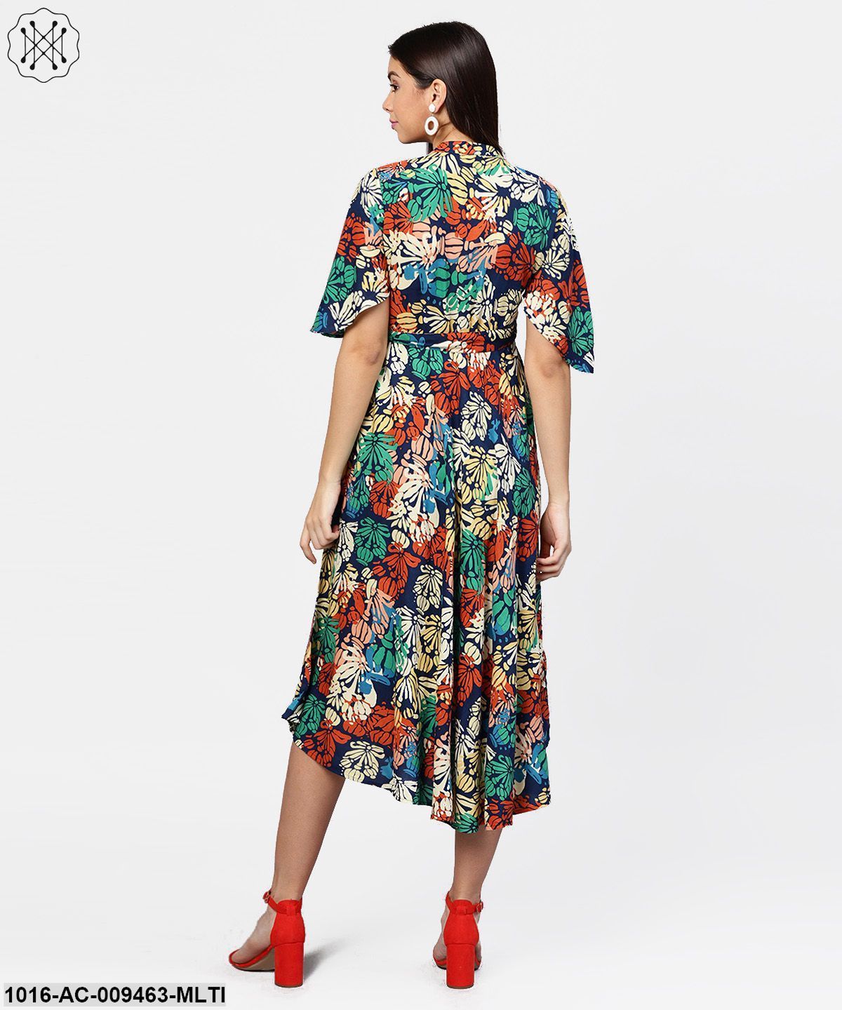 Floral Printed Chinese Collared With Attached Belt And 3/4Th Sleeves Maxi Dress