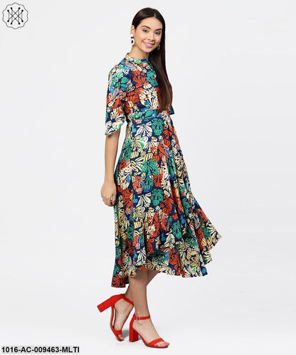 Floral Printed Chinese Collared With Attached Belt And 3/4Th Sleeves Maxi Dress