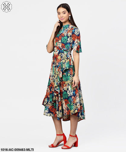 Floral Printed Chinese Collared With Attached Belt And 3/4Th Sleeves Maxi Dress