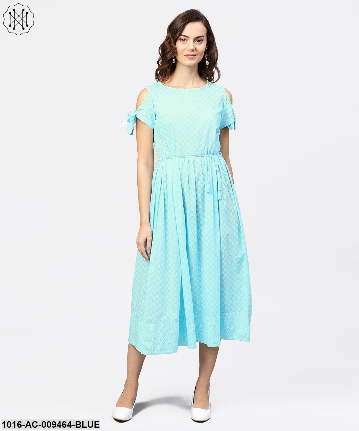 Printed Round Neck With A Draw-String At Yoke And Knotted Short Sleeves Maxi Dress