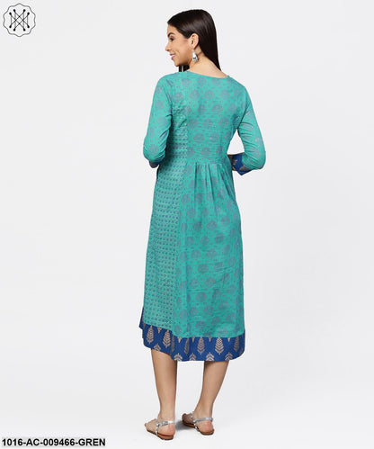 Printed V-Neck Panelled With Patch Pockets And 3/4Th Sleeved Maxi Dress