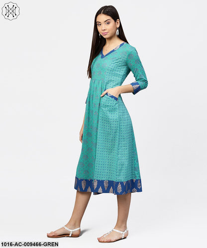 Printed V-Neck Panelled With Patch Pockets And 3/4Th Sleeved Maxi Dress