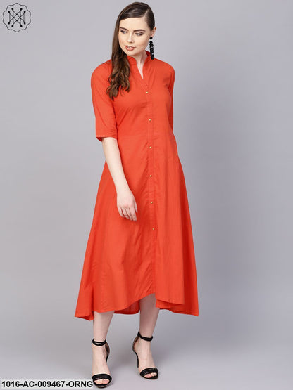 Solid Orange Maxi Dress With Madarin Collar & 3/4 Sleeves