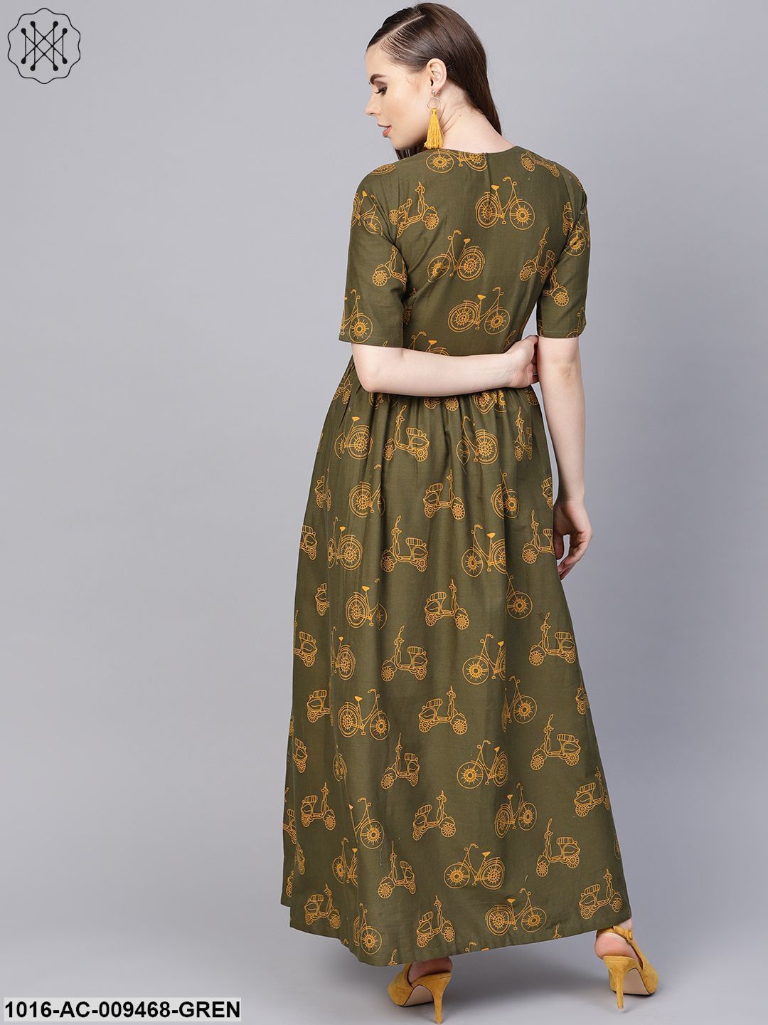 Military Green Printed Maxi Dress With Side Shoulder Placket With Half Sleeves