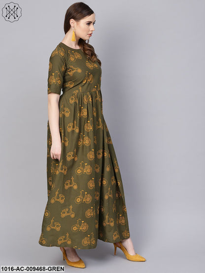 Military Green Printed Maxi Dress With Side Shoulder Placket With Half Sleeves