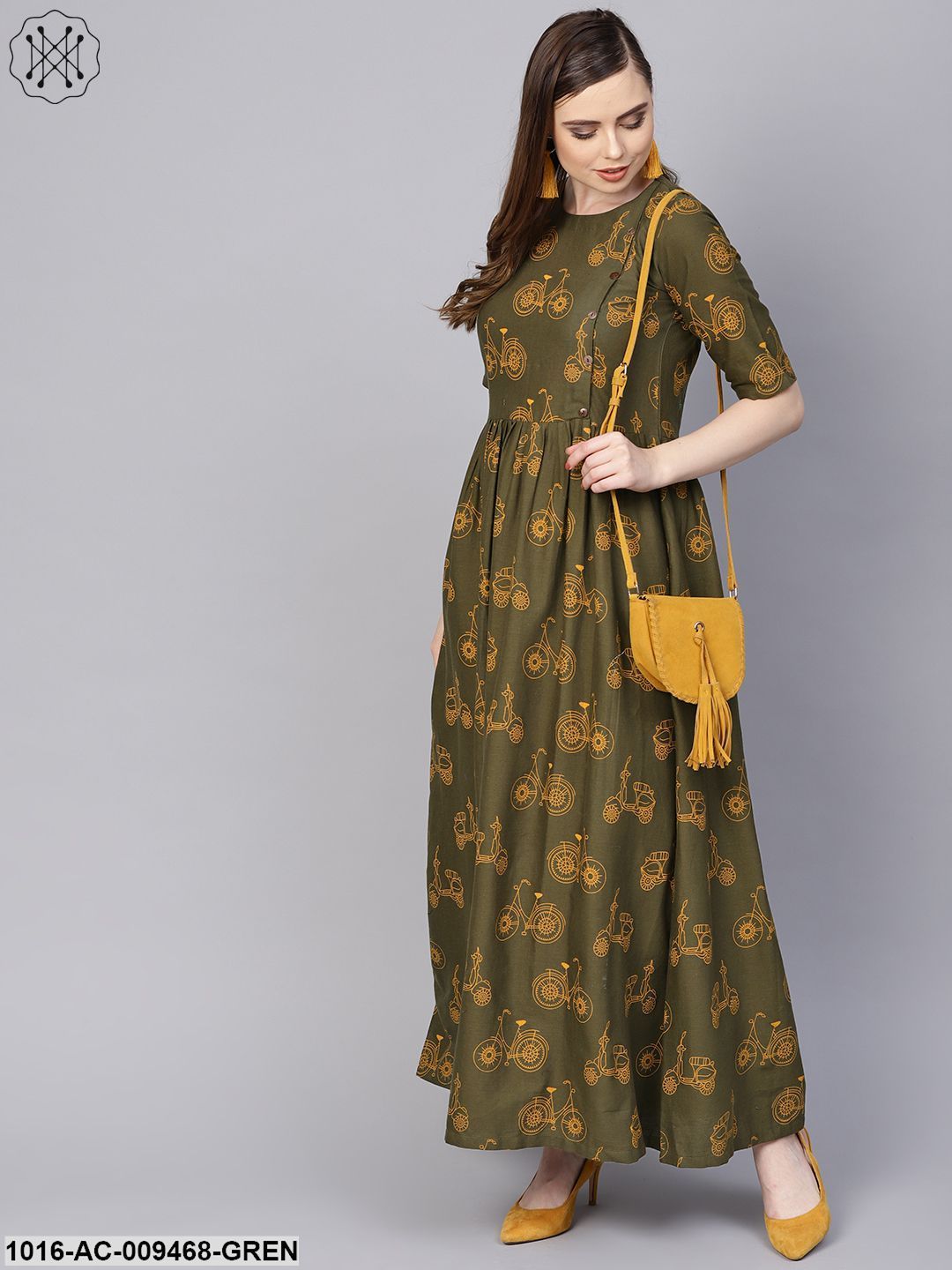 Military Green Printed Maxi Dress With Side Shoulder Placket With Half Sleeves