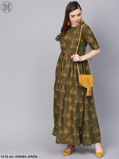 Military Green Printed Maxi Dress With Side Shoulder Placket With Half Sleeves