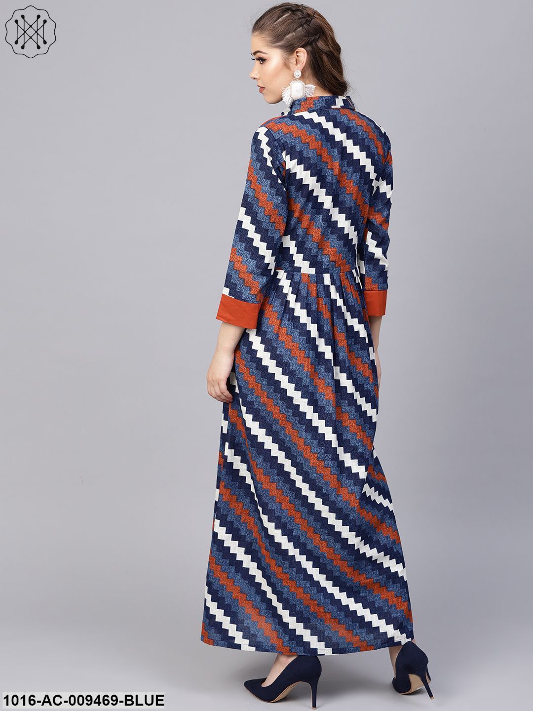 Indigo Blue Geometric Maxi Dress With Shirt Collar & 3/4 Sleeves
