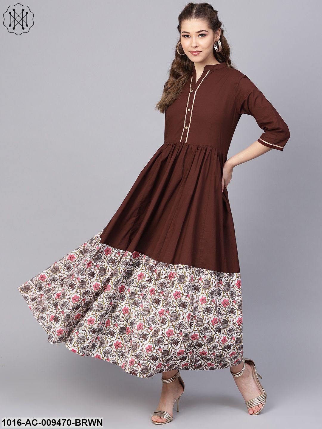 Dark Brown Maxi DressWith Printed Border &amp; Front Placket With Madarin Collar