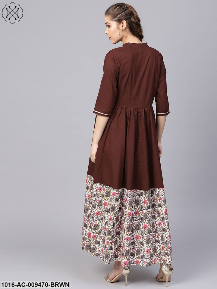 Dark Brown Maxi DressWith Printed Border &amp; Front Placket With Madarin Collar