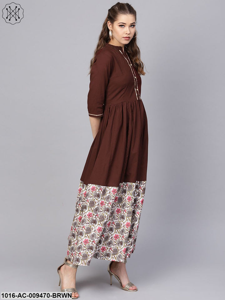 Dark Brown Maxi DressWith Printed Border &amp; Front Placket With Madarin Collar